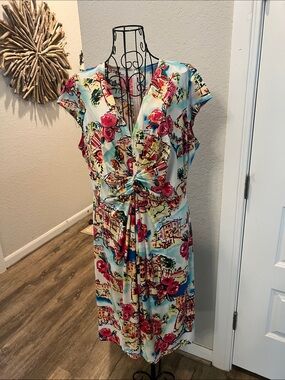 Floral Twist-Front Midi Dress in Aqua and Red